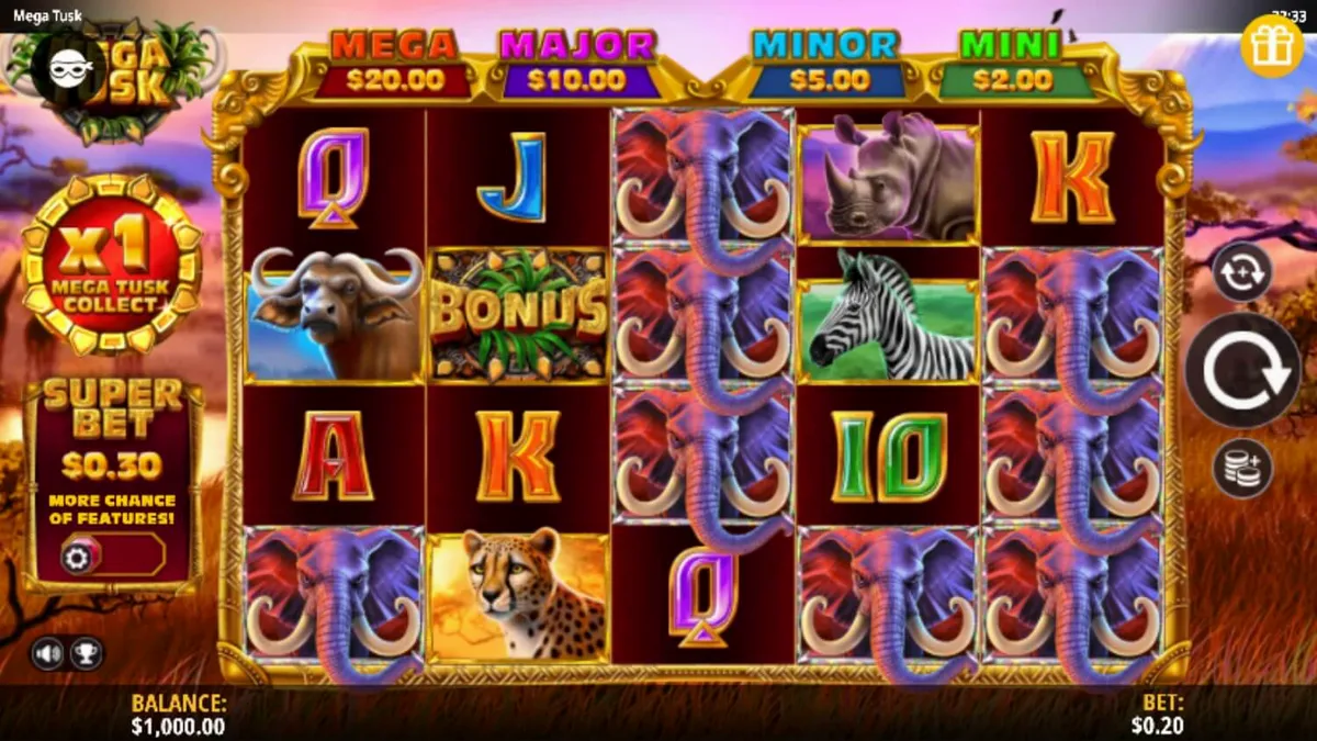 Pemandangan savana Afrika yang indah di slot Mega Tusk